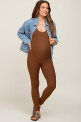 Brown Ribbed Bodycon Maternity Jumpsuit