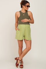 Light Olive Linen Ruffled Maternity Shorts