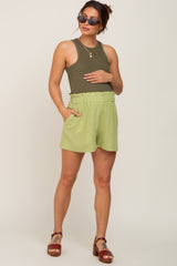 Light Olive Linen Ruffled Maternity Shorts