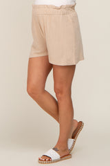 Beige Linen Ruffled Maternity Shorts