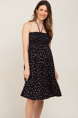 Black Floral Ribbed Smocked Halter Maternity Dress