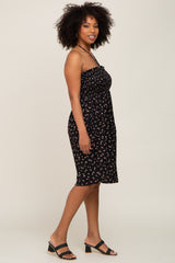 Black Floral Ribbed Smocked Halter Dress