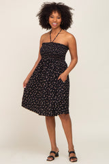 Black Floral Ribbed Smocked Halter Dress