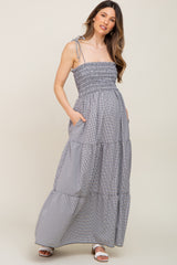 Black Gingham Smocked Shoulder Tie Tiered Maternity Maxi Dress