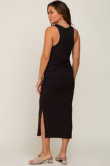 Black Ribbed Sleeveless Ruched Side Slit Maternity Midi Dress