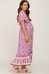 Pink Floral Print Wrap V-Neck Maternity Midi Dress