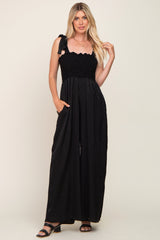 Black Satin Smocked Square Neck Shoulder Tie Jumpsuit