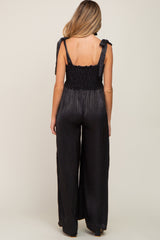 Black Satin Smocked Square Neck Shoulder Tie Maternity Jumpsuit