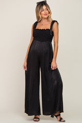 Black Satin Smocked Square Neck Shoulder Tie Maternity Jumpsuit