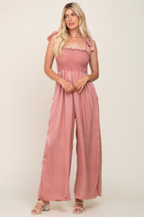 Mauve Satin Smocked Square Neck Shoulder Tie Maternity Jumpsuit