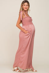 Mauve Satin Smocked Square Neck Shoulder Tie Maternity Jumpsuit