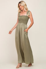 Olive Satin Smocked Square Neck Shoulder Tie Jumpsuit