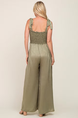 Olive Satin Smocked Square Neck Shoulder Tie Jumpsuit