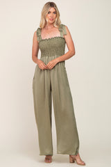 Olive Satin Smocked Square Neck Shoulder Tie Jumpsuit