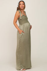 Olive Satin Smocked Square Neck Shoulder Tie Maternity Jumpsuit