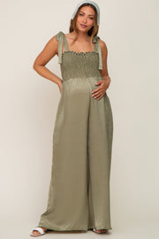 Olive Satin Smocked Square Neck Shoulder Tie Maternity Jumpsuit