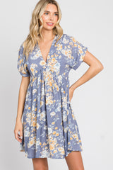 Blue Floral V-Neck Short Sleeve Dress