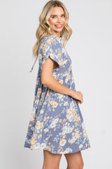 Blue Floral V-Neck Short Sleeve Dress