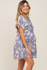 Blue Floral V-Neck Short Sleeve Maternity Dress