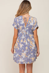 Blue Floral V-Neck Short Sleeve Maternity Dress