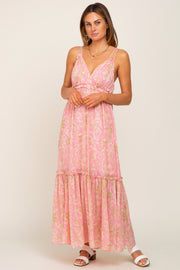 Pink Chiffon V-Neck Ruffle Tiered Maxi Dress