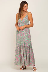 Light Olive Chiffon V-Neck Ruffle Tiered Maternity Maxi Dress