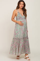 Light Olive Chiffon V-Neck Ruffle Tiered Maternity Maxi Dress