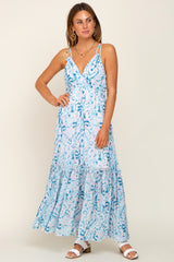 Blue Chiffon V-Neck Ruffle Tiered Maternity Maxi Dress