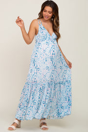 Blue Chiffon V-Neck Ruffle Tiered Maternity Maxi Dress