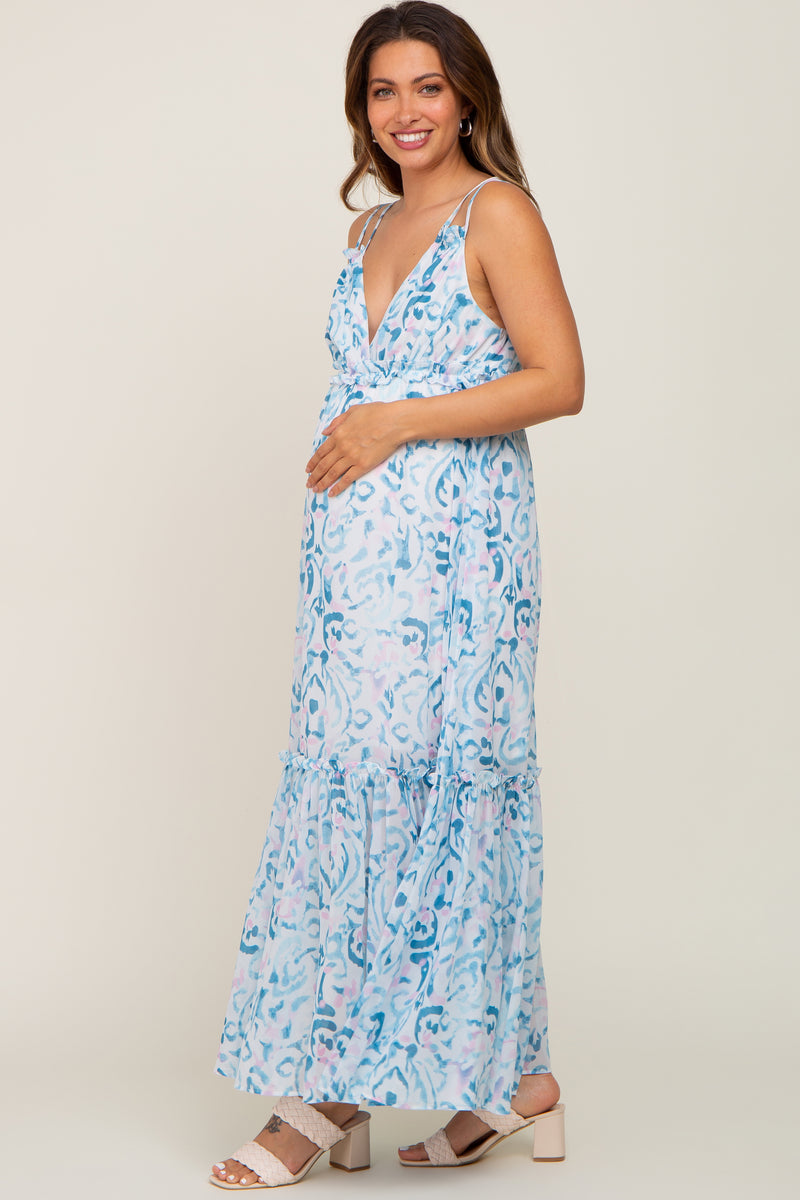 Blue Chiffon V-Neck Ruffle Tiered Maternity Maxi Dress– PinkBlush