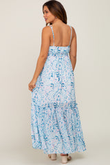 Blue Chiffon V-Neck Ruffle Tiered Maternity Maxi Dress