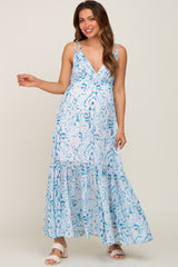 Blue Chiffon V-Neck Ruffle Tiered Maternity Maxi Dress