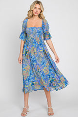 Blue Tropical Print Smocked Midi Dress