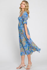 Blue Tropical Print Smocked Midi Dress