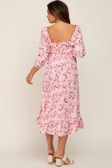 Pink Floral Ruffle Square Neck Smocked Front Tie Maternity Midi Dress