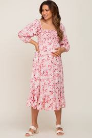 Pink Floral Ruffle Square Neck Smocked Front Tie Maternity Midi Dress