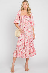 Pink Floral Ruffle Square Neck Smocked Front Tie Maternity Midi Dress