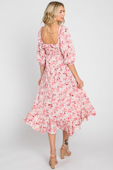 Pink Floral Ruffle Square Neck Smocked Front Tie Midi Dress