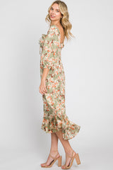 Light Olive Floral Ruffle Square Neck Smocked Front Tie Midi Dress