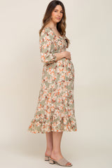 Light Olive Floral Ruffle Square Neck Smocked Front Tie Maternity Midi Dress