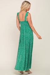 Green Button Front Tie Shoulder Maxi Dress