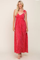 Red Button Front Tie Shoulder Maternity Maxi Dress