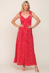 Red Button Front Tie Shoulder Maxi Dress