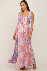 Pink Paisley Print Sleeveless Ruffle Maternity Maxi Dress