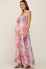 Pink Paisley Print Sleeveless Ruffle Maternity Maxi Dress