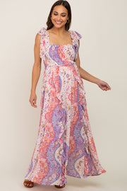 Pink Paisley Print Sleeveless Ruffle Maternity Maxi Dress