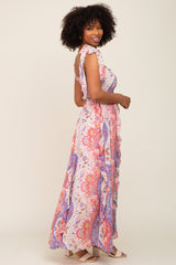 Pink Paisley Print Sleeveless Ruffle Maxi Dress