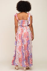 Pink Paisley Print Sleeveless Ruffle Maxi Dress