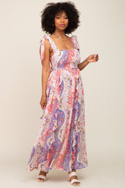 Pink Paisley Print Sleeveless Ruffle Maxi Dress