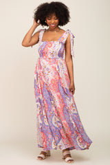 Pink Paisley Print Sleeveless Ruffle Maxi Dress